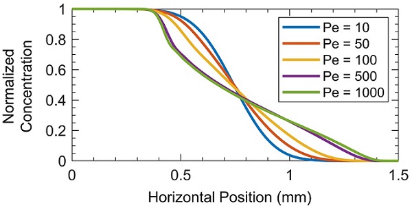 Concentration profiles from figure 3 vs. horizontal position, showing how concentration gradient length increases with Peclet number.
