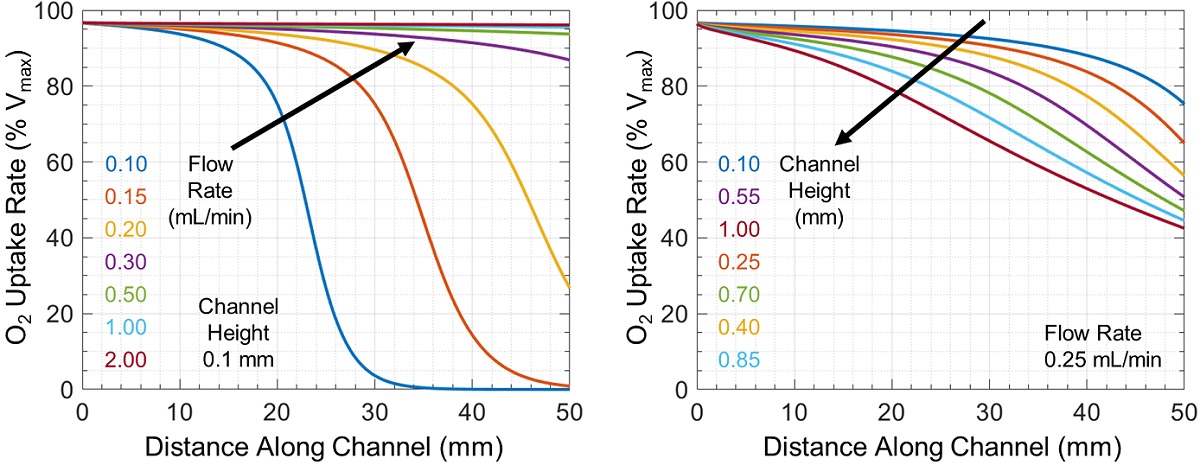 Oxygen uptake rate relative to Vmax as a function of distance along the microchannel