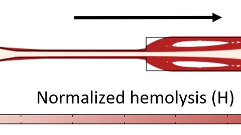 Pathline showing accumulation of hemolysis in an FDA benchmark study of a converging-diverging nozzle