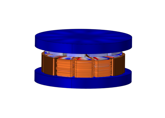 The axial flux motor configuration with top side rotor and bottom side stator.