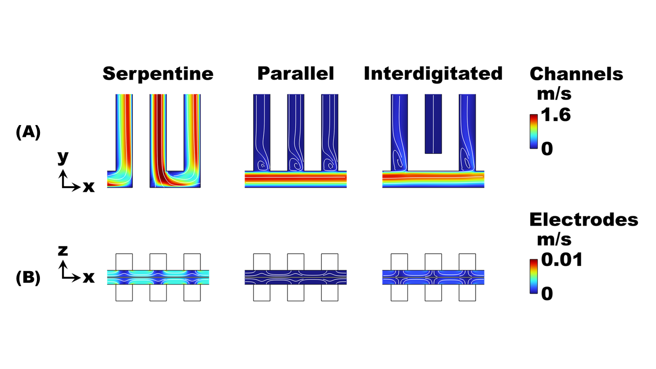 Velocity distributions in flow channels and electrodes.