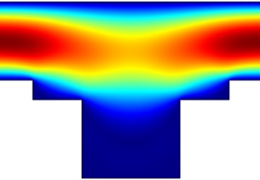 Velocity magnitude of flow over grooves in a microchannel
