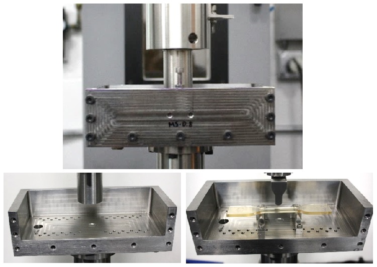 Veryst’s custom LN2 fixture: ready to test in compression (top); with the face removed (bottom left); and with the three-point bend fixture and the face removed (bottom right)