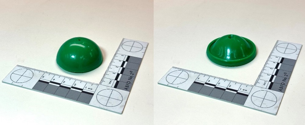 Rubber jumper in its initial (left) and inverted (right) configurations. The inverted state is a metastable state.