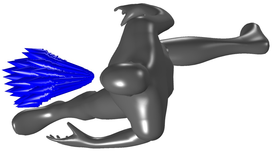 Overhead view of conical exhalation, showing droplet trajectory coming from the mouth