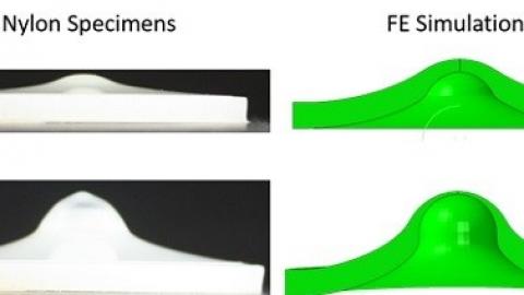 Images of a sample from a dart impact test and the FE simulation results