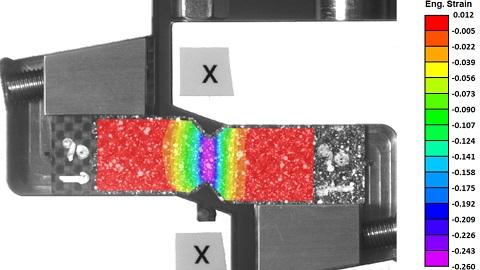 Carbon fiber/epoxy sample tested in shear with Digital Image Correlation (DIC) measuring strain