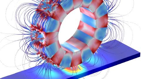 The magnetic flux density and current density on the rotor and the conductive track, respectively.