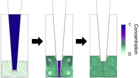 Reagent concentration and fluid streamlines in a microwell at sequential times during active mixing by repetitive pipetting.