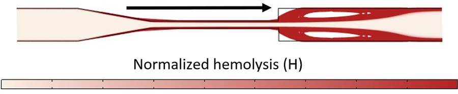 Normalized cumulative of hemolysis in the converging-diverging nozzle using the Lagrangian model for pathlines near the wall. The cumulative hemolysis is relative to the streamlines in question, as opposed to the average of all cells used in Figure 2.