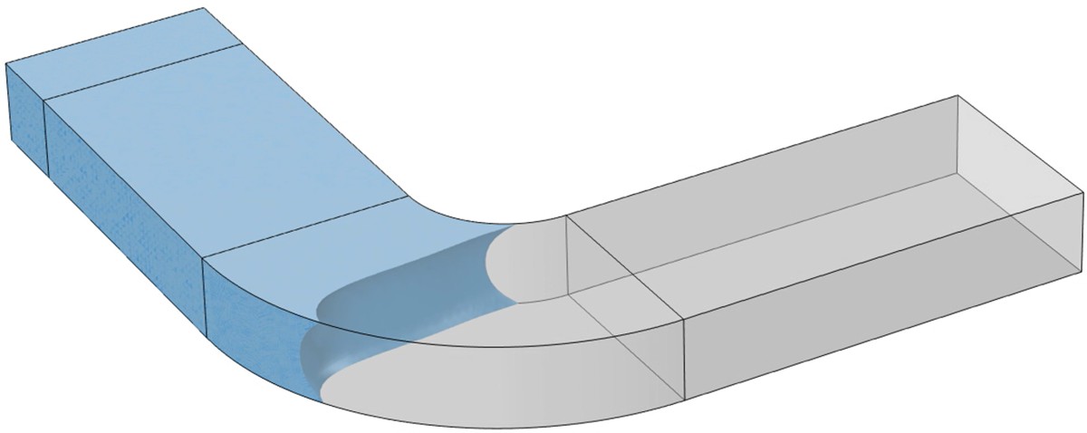 COMSOL Multiphysics® simulation of capillary filling in a microfluidic channel: liquid (blue) advancing around a bend with a curved meniscus and fingering along the channel walls.