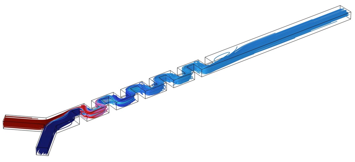 COMSOL simulation of chaotic mixing in a serpentine microchannel, presented by Veryst at COMSOL Conference 2026 Boston