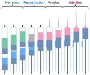 Predicted reconstitution process steps in a dual-chamber autoinjector.